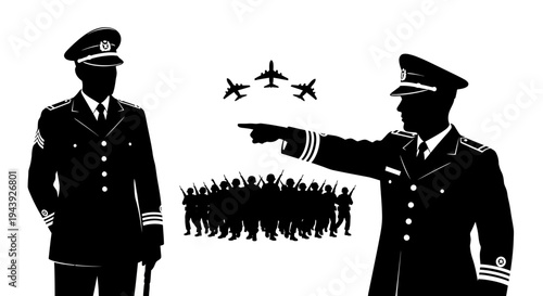 Military Leaders Directing Troops and Airplanes, Symbolizing Command and Strategy