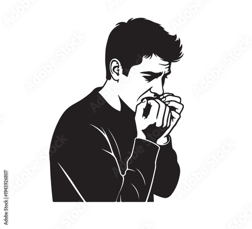 Vector illustration of a young man experiencing significant stress and anxiety, showcasing the common nervous habit of nail-biting, reflecting worry and emotional tension