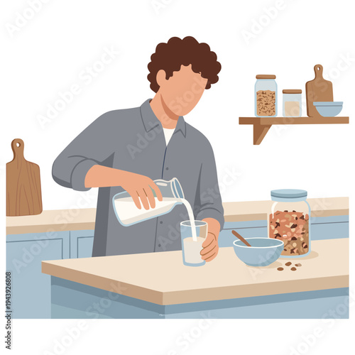 Man pouring milk into glass near cereal bowl on kitchen counter