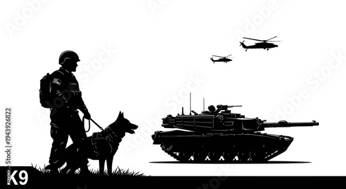 Military K9 Unit, Tank, and Helicopters Silhouette