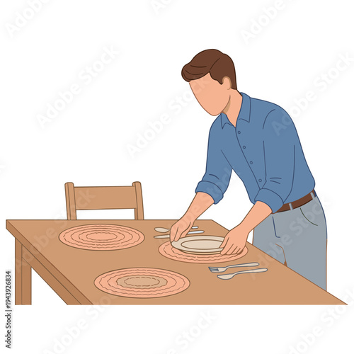 Man setting table with plates and utensils for dinner at home indoors