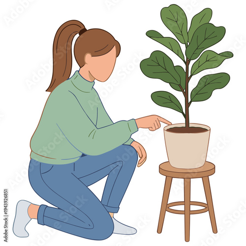 Woman kneeling beside a potted plant on a stool examining leaves closely