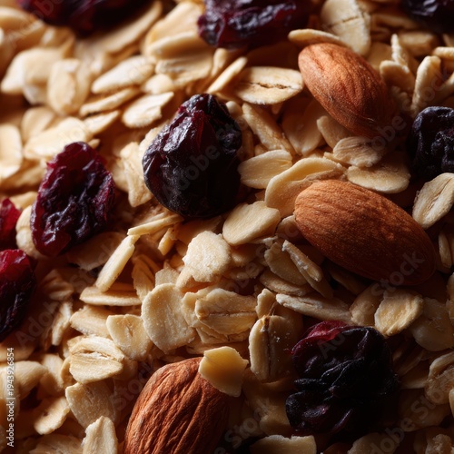 Granola mix texture close-up with oats, nuts and dried fruits, natural light, detailed food background