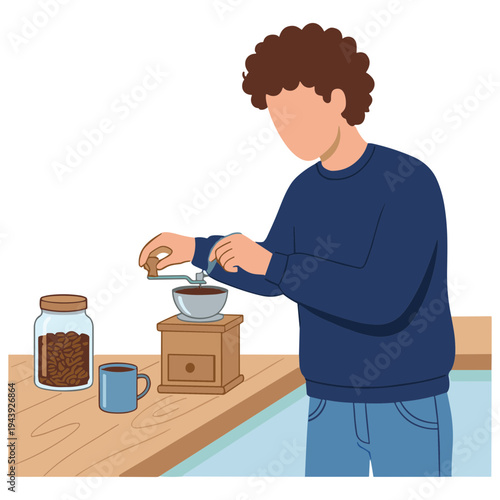 Man grinding coffee beans in kitchen with mug and jar nearby indoors