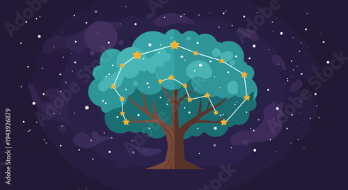 Whimsical tree under starry night sky with constellation