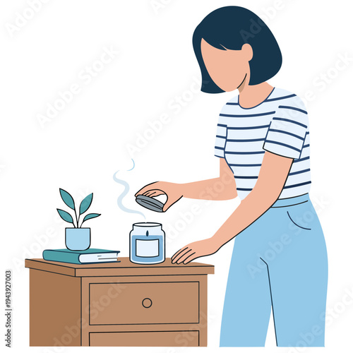 Woman pours steaming hot water from kettle into mug on wooden nightstand beside books and plant.