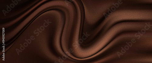 Liquid chocolate swirl texture, dark brown abstract background. Smooth melted cocoa, sweet food with wavy silk cloth effect. Creamy chocolate flowing design for confectionery packaging or dessert menu