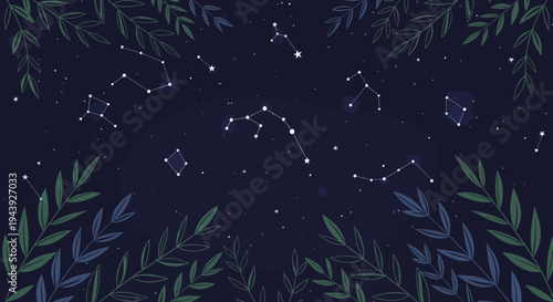 Whimsical starry night sky with constellation patterns and leafy borders