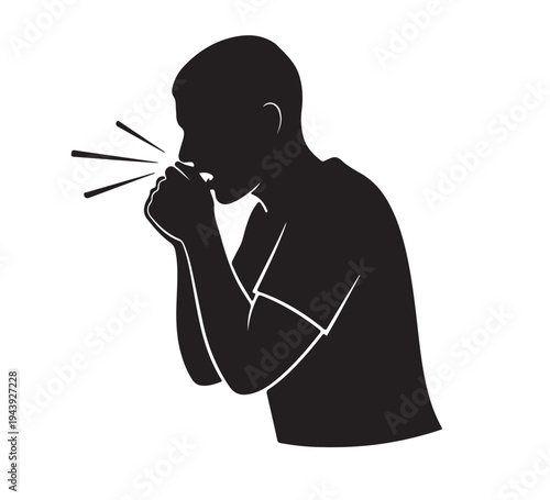 Vector illustration depicting a person experiencing a sudden fit of coughing or an uncontrollable sneeze, emphasizing respiratory health and hygiene concerns