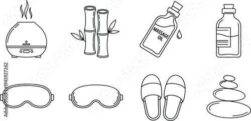 Collection of minimalist spa and wellness icons featuring aromatherapy diffuser massage oil sleep mask and zen stones ideal for health and beauty designs