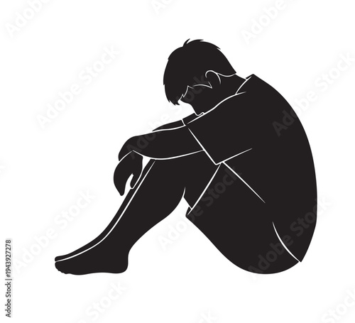 A poignant silhouette illustration capturing a person hunched over, overwhelmed by profound sadness and loneliness, embodying the silent struggle with despair and emotional challenges