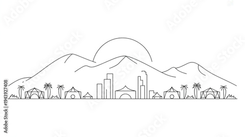 City skyline with mountains and sunset urban landscape with palm trees and buildings