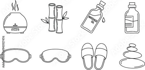 Set of minimalist spa and wellness icons featuring relaxation elements like an aroma diffuser and massage oil perfect for health and beauty app design or web elements