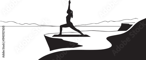A serene woman practicing yoga on a mountain overlooking the ocean. Vector illustration of a person practicing yoga on a cliff