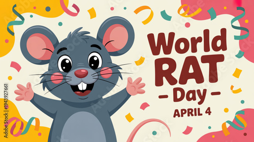 Happy world rat day on april 4th with cheerful cartoon rodent character surrounded by colorful confetti and ribbons