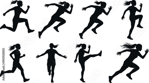 Female runner silhouettes set with running jumping and training exercises athletic women fitness activity collection isolated