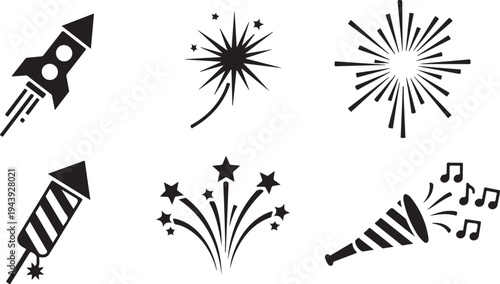 Celebration icons including fireworks and party horns in black