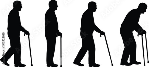Elderly man walking with cane silhouettes aging senior mobility support healthcare concept isolated collection