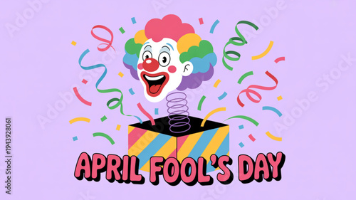 Colorful clown popping out of a box on april fool's day with confetti and streamers