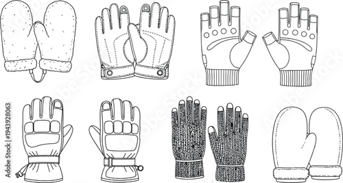 Collection of various glove and mitten types presented in a detailed line art vector illustration for fashion design and winter apparel concepts