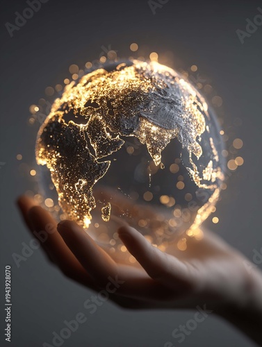 3D transparent globe, a map of the earth in the form of a ball with golden glowing lines, lying on the palm of a businessman, the concept of a global network and digital technology