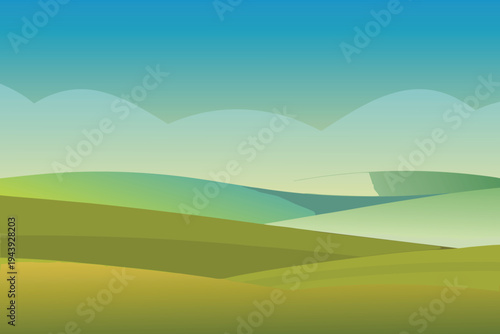 Abstract Rolling Hills Landscape with Gradient Sky and Subtle Cloud Shapes Flat Design