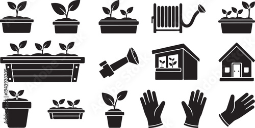 Gardening icons and tools for planting and growth concept
