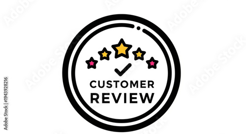 Customer review badge with stars and checkmark.