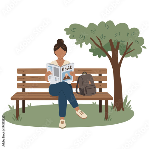 Woman sitting on a park bench reading a newspaper under a tree.