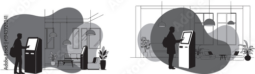 A modern office space with a person interacting with a digital screenSet of 2 office interior illustrations vector