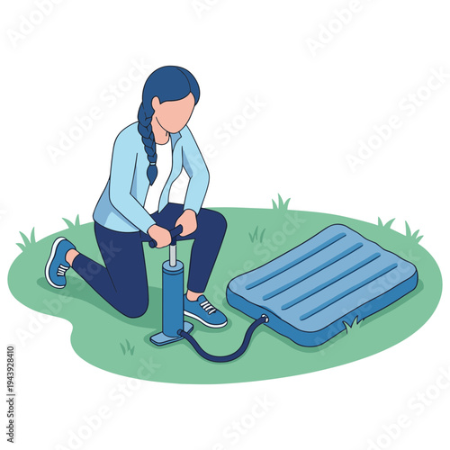 A woman inflates an air mattress using a pump outdoors.
