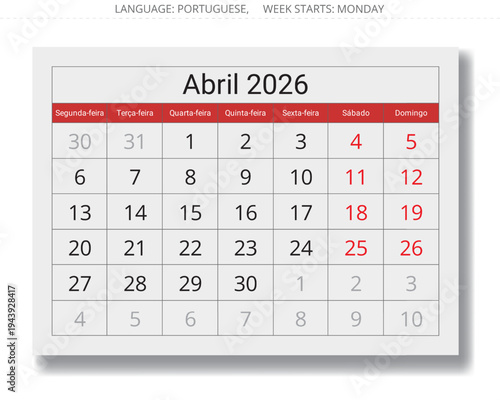 April 2026 Portuguese monthly calendar - abril. Vector page illustration isolated for Portugal