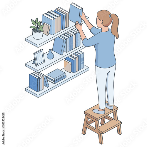 Woman standing on step stool arranging books on shelf indoors