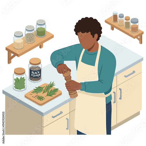 A man preparing food in a kitchen with herbs on a cutting board