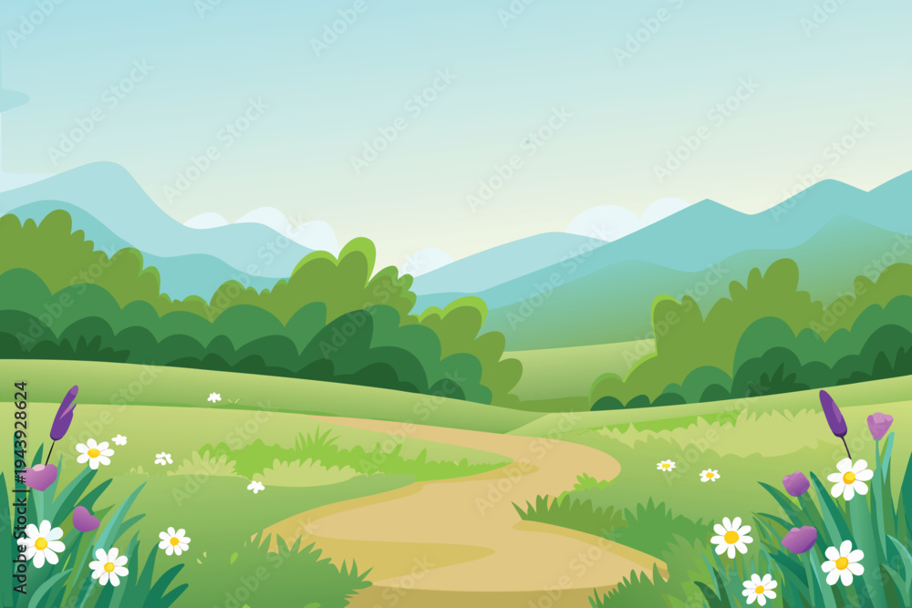 Fototapeta premium Cartoon Countryside Path Winding Through Green Fields with Flowers and Mountains in Distance