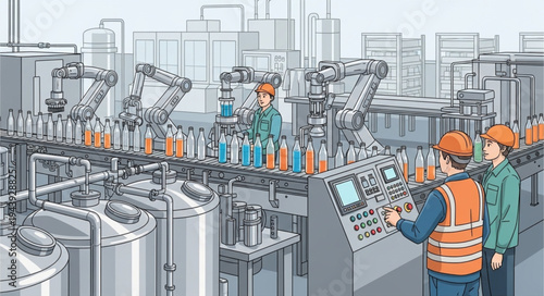 Industrial workers operating machinery.