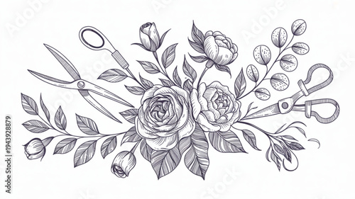 Vintage floral arrangement with scissors and roses on white background elegant botanical illustration for craft and design projects