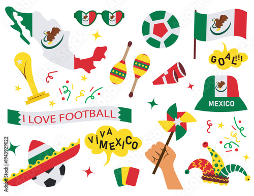Mexico soccer fan set. Football equipment and Mexican patriotic accessories.