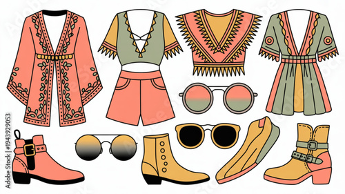 Fashionable bohemian clothing and accessories laid out for styling including colorful outfits sunglasses and boots on a white background