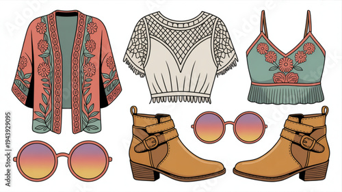 Fashionable women's clothing and accessories bohemian style outfit with cardigan top crop top boots and sunglasses on white background