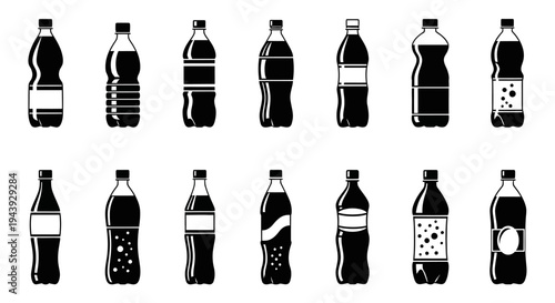 A collection of black and white silhouettes of various plastic soda and soft drink bottles with different shapes and labels.