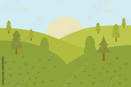 Cartoon Landscape with Rolling Hills Trees and SunStock Illustration