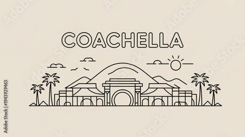 Coachella music festival line art illustration with palm trees and mountains