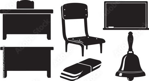 School furniture and objects in black silhouette style illustration
