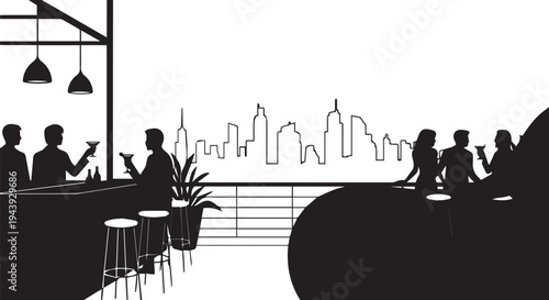 A group of people enjoying a drink at a rooftop bar overlooking the city. Vector illustration of people at a rooftop bar with city skyline