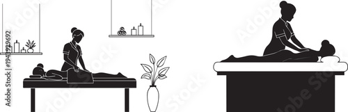 A serene massage therapist working in a peaceful spa environment. Set of 2 massage therapist vector illustrations