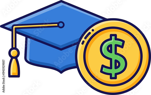 Graduation cap and dollar coin symbolizing education costs and financial aid.