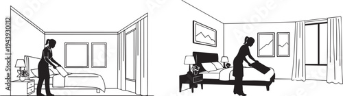 A person is cleaning and organizing a modern and tidy room. Set of 2 house cleaning illustrations vector