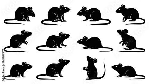 Collection of black silhouette mouse icons in various poses on white background for design and illustration