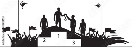Black silhouette vector illustration of a podium with winner receiving handshake